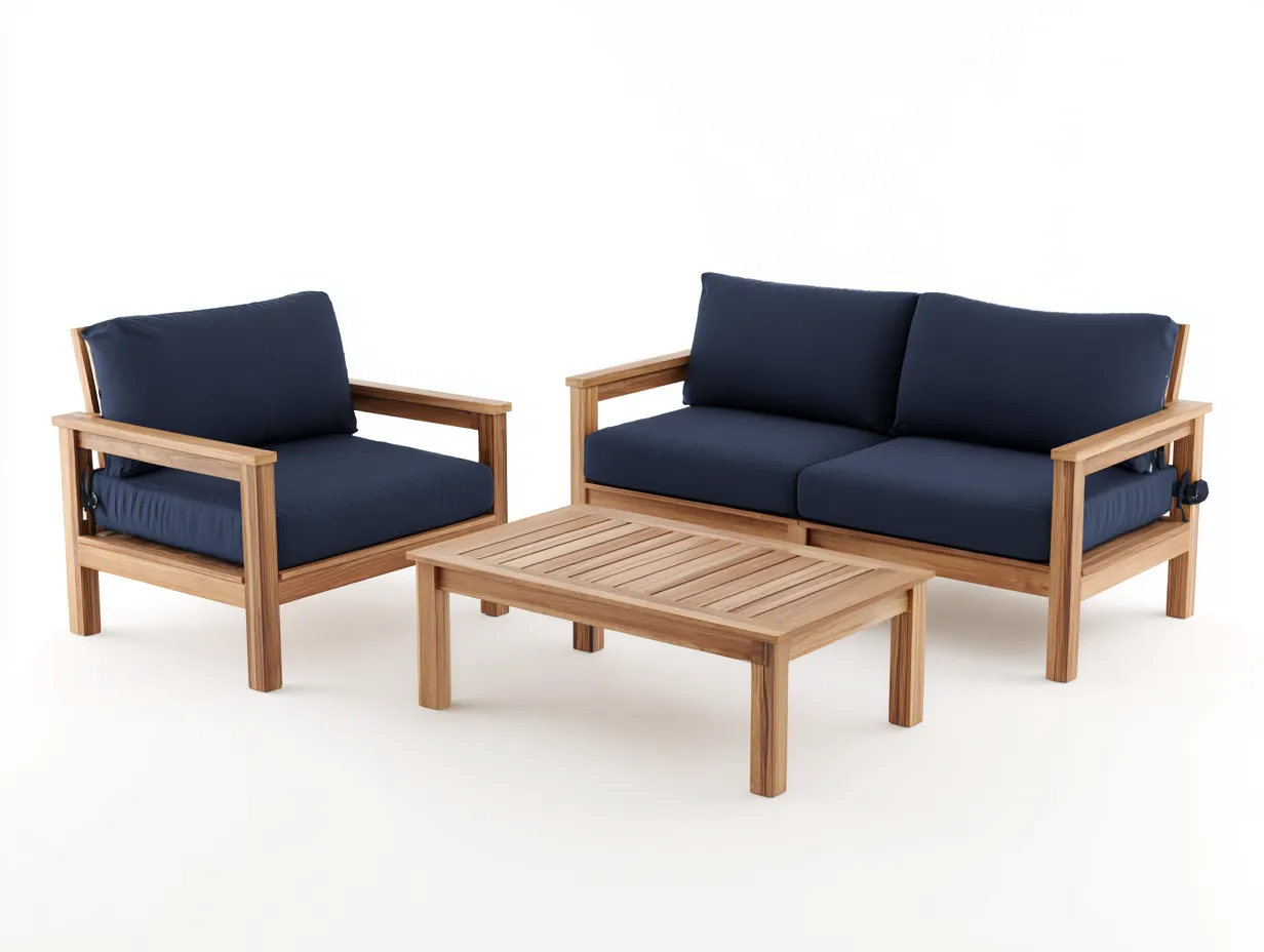 Sofa-Sessel-Set 210x76x82 cm - Holz und dunkelblaue Polster - Outdoor-Lounge mit Tisch-Locormadecor
