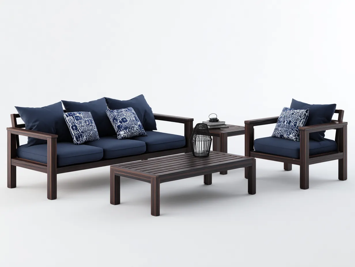 Sofa-Sessel-Set 220x80x81 cm - dunkles Holz und dunkelblaue Polster - Outdoor-Set mit Couchtisch-Locormadecor