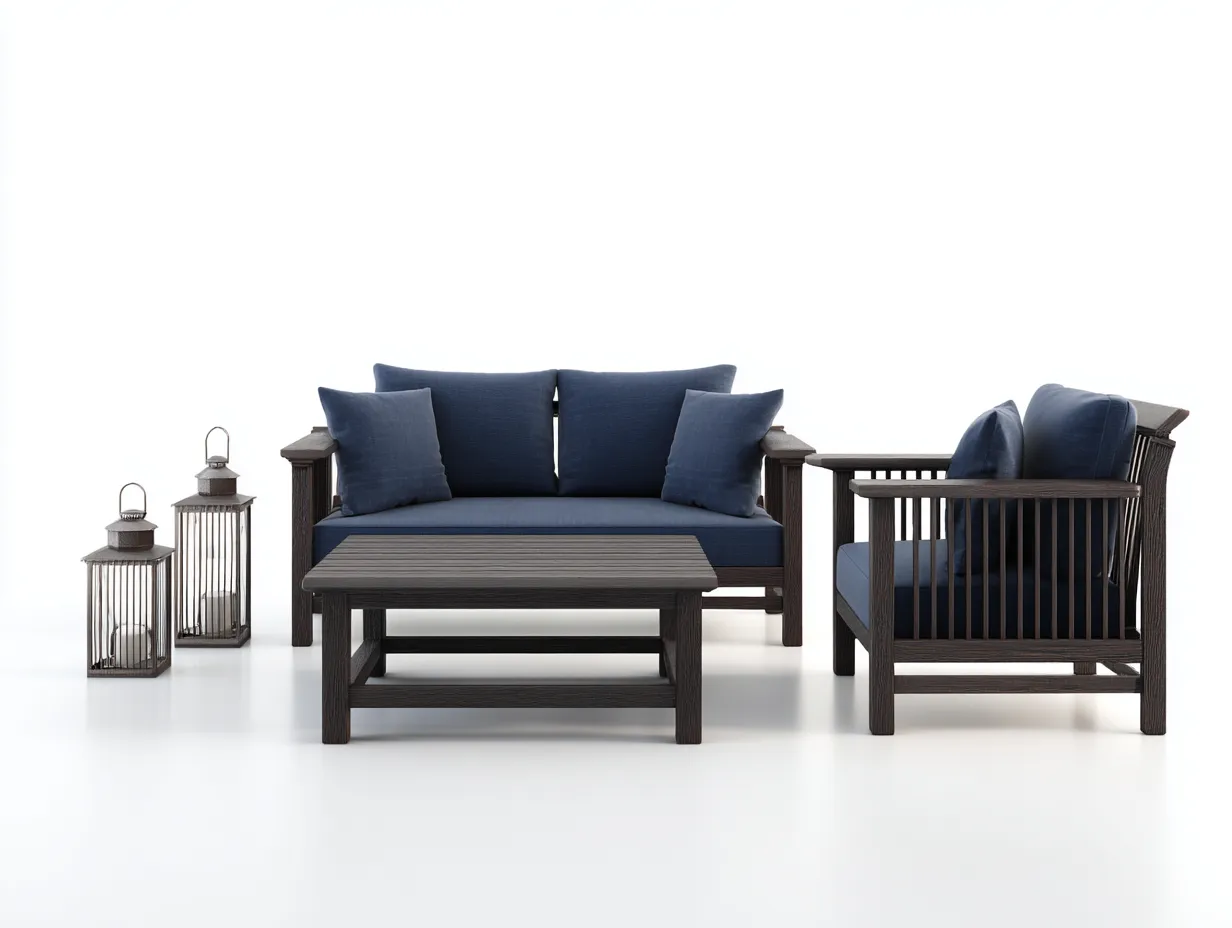 Sofa-Sessel-Set 200x79x82 cm - dunkles Holz und dunkelblaue Polster - Outdoor-Lounge mit Tisch-Locormadecor