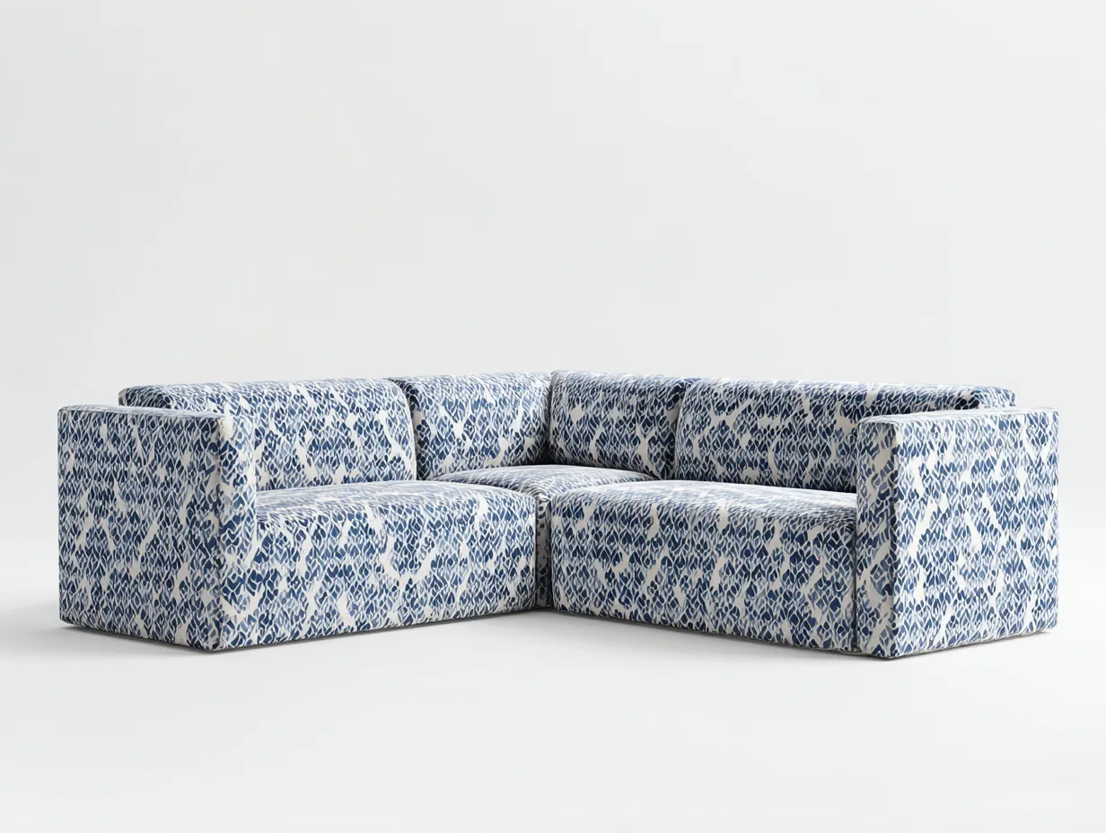 Ecksofa 276x218x72 cm - blau und weiß - grafisches Stoffdesign für Wohnzimmer-Locormadecor