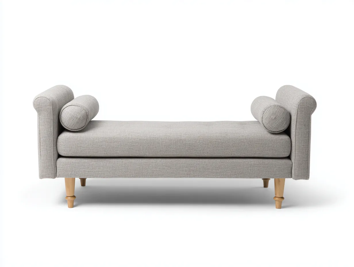 Sitzbank mit grauem Webbezug 166x76x63 cm - Grau und Naturholz - gedrechselte Beine für Schlafzimmer-Locormadecor