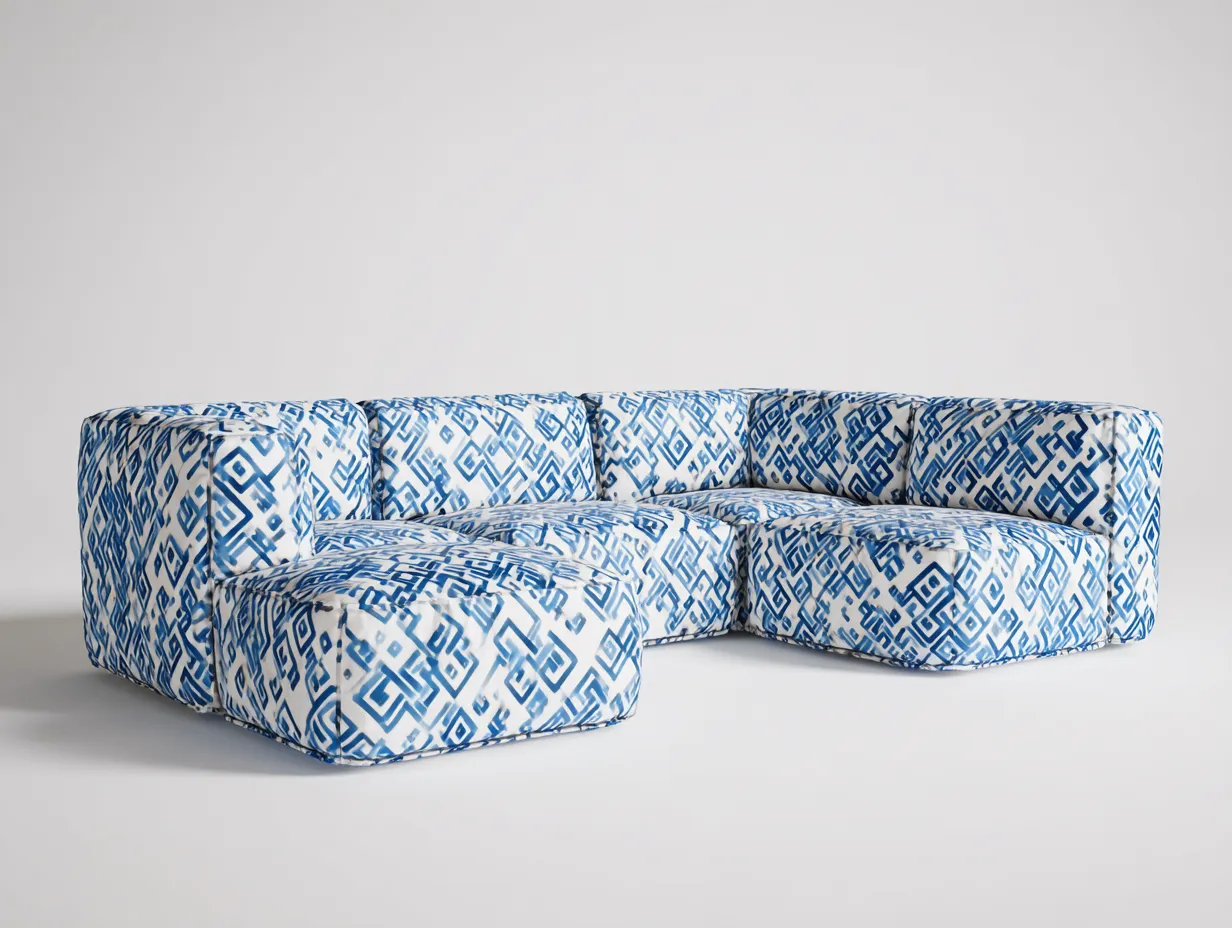 Ecksofa 286x224x73 cm - blau und weiß - geometrischer Stoffbezug für Wohnzimmer-Locormadecor