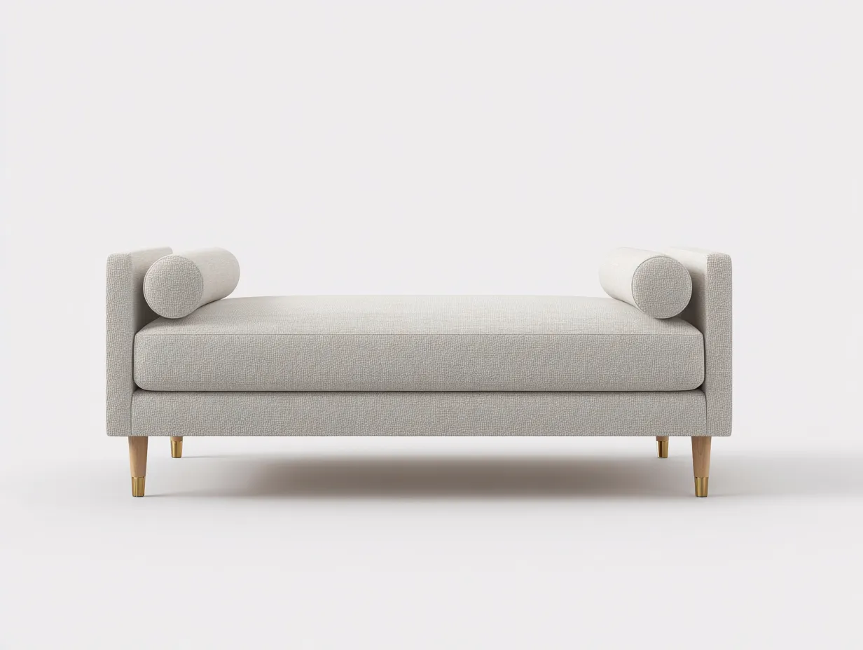 Sitzbank mit hellgrauem Stoff 166x73x62 cm - Hellgrau und Naturholz und Gold - feine Schlafzimmerbank-Locormadecor