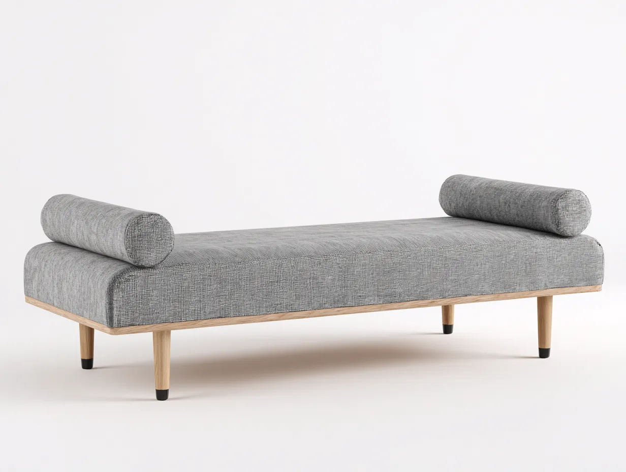 Sitzbank mit grauem Webstoff 165x72x55 cm - Grau und Naturholz und Schwarz - schlanke Schlafzimmerbank-Locormadecor