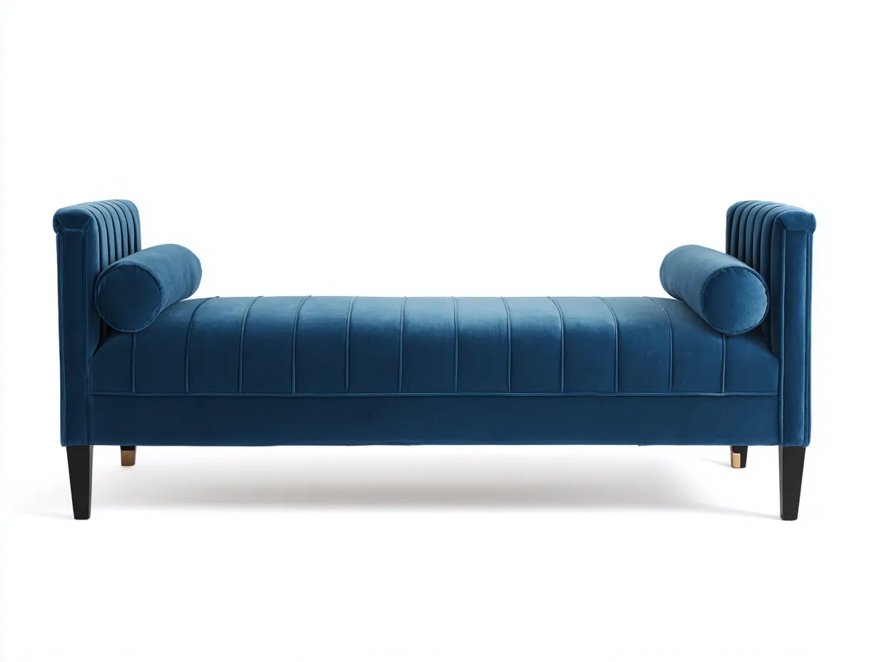 Sitzbank mit dunkelblauem Samtbezug 160x80x67 cm - Dunkelblau und Schwarz - gerilltes Design für Schlafzimmer-Locormadecor