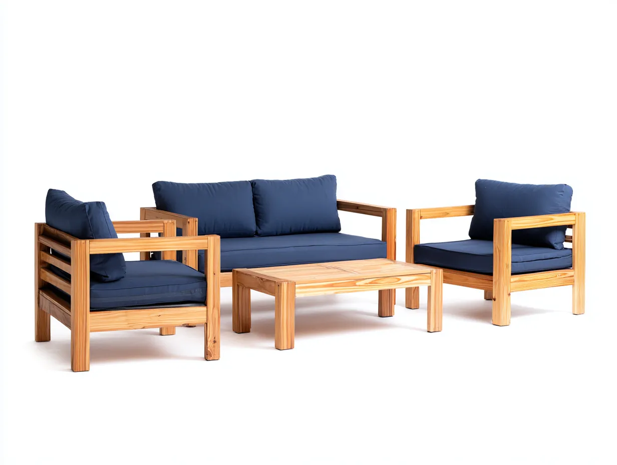 Sofa-Sessel-Set 205x78x80 cm - helles Holz und dunkelblaue Polster - Outdoor-Sitzgruppe mit Couchtisch-Locormadecor