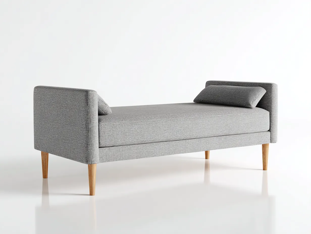 Sitzbank mit grauem Strukturstoff 168x75x62 cm - Grau und Naturholz - gepolstert für Schlafzimmer-Locormadecor