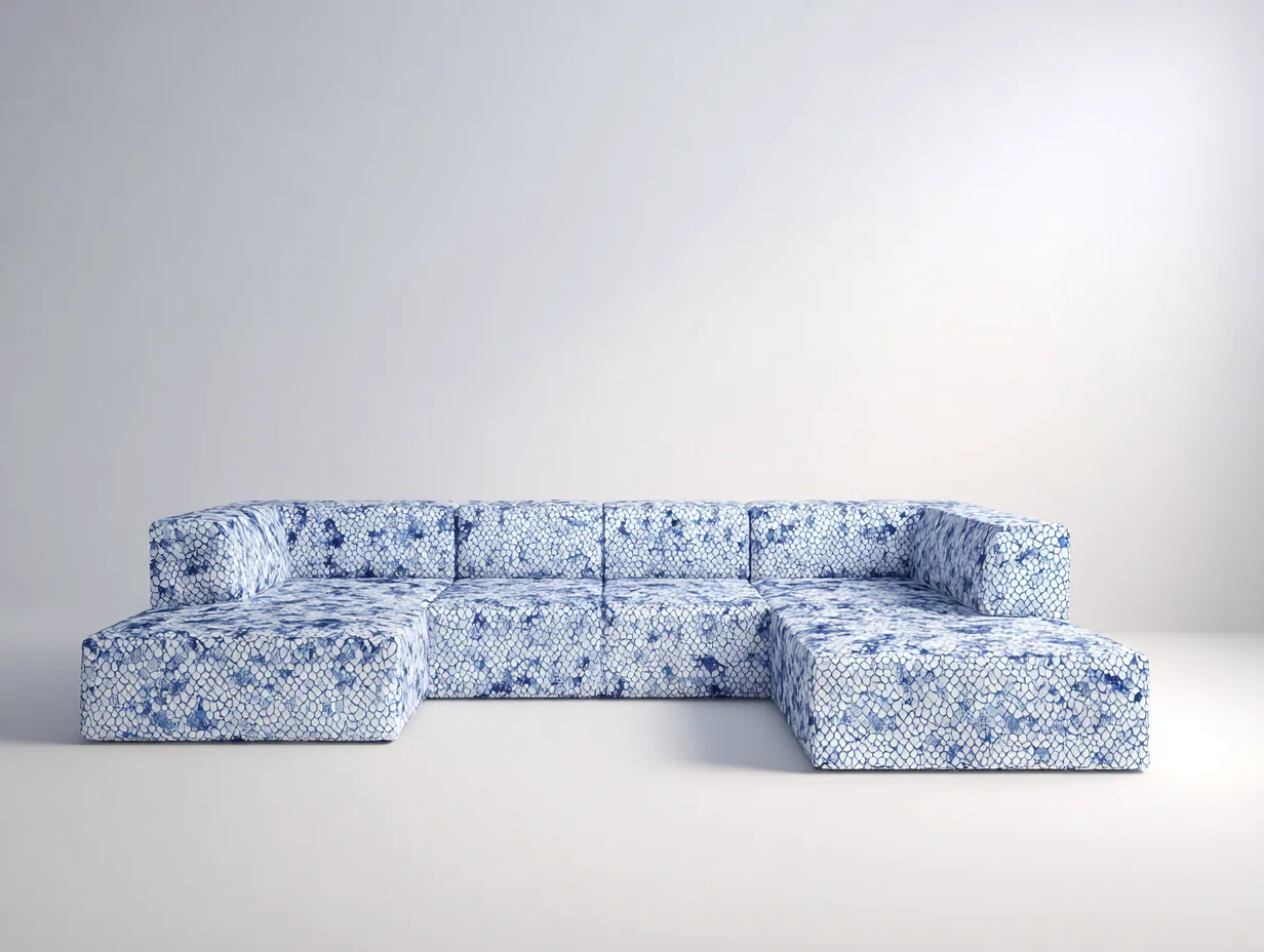 Ecksofa 302x226x70 cm - blau und weiß - flaches Loungeformat für Wohnzimmer-Locormadecor