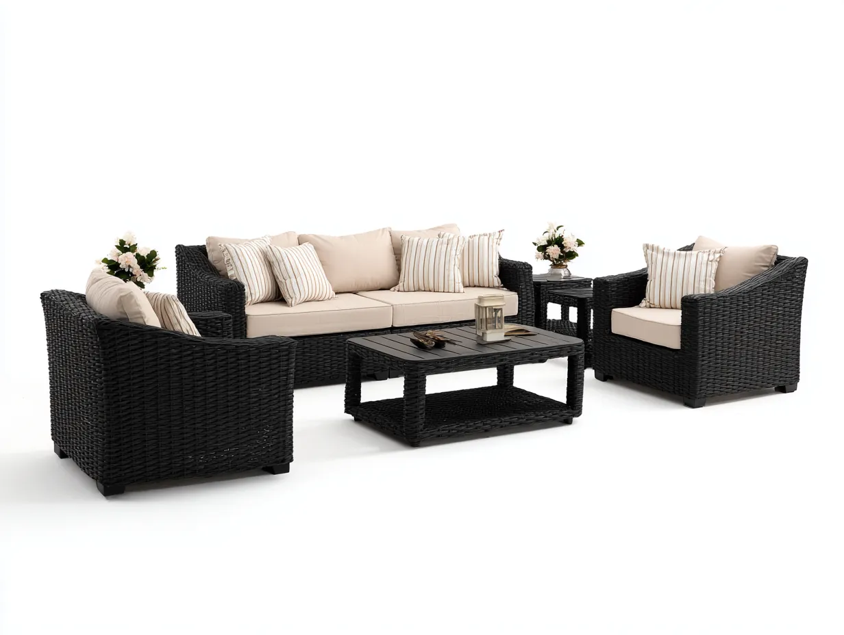 Sofa-Sessel-Set 218x82x78 cm - schwarzes PE-Geflecht und beige Polster - Outdoor-Lounge mit Tisch-Locormadecor