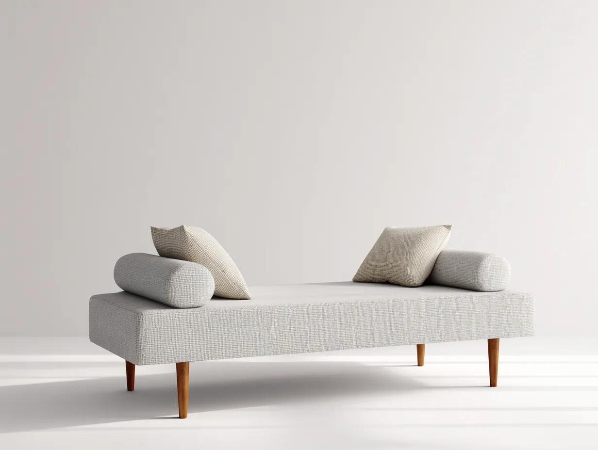 Sitzbank mit hellem Webstoff 163x74x56 cm - Hellgrau und Naturholz - elegante Bank für Schlafzimmer-Locormadecor