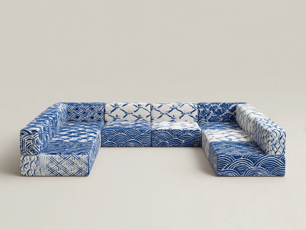 Ecksofa 318x232x74 cm - blau und weiß - Musterbezug mit breiter Sitzfläche für Wohnzimmer-Locormadecor