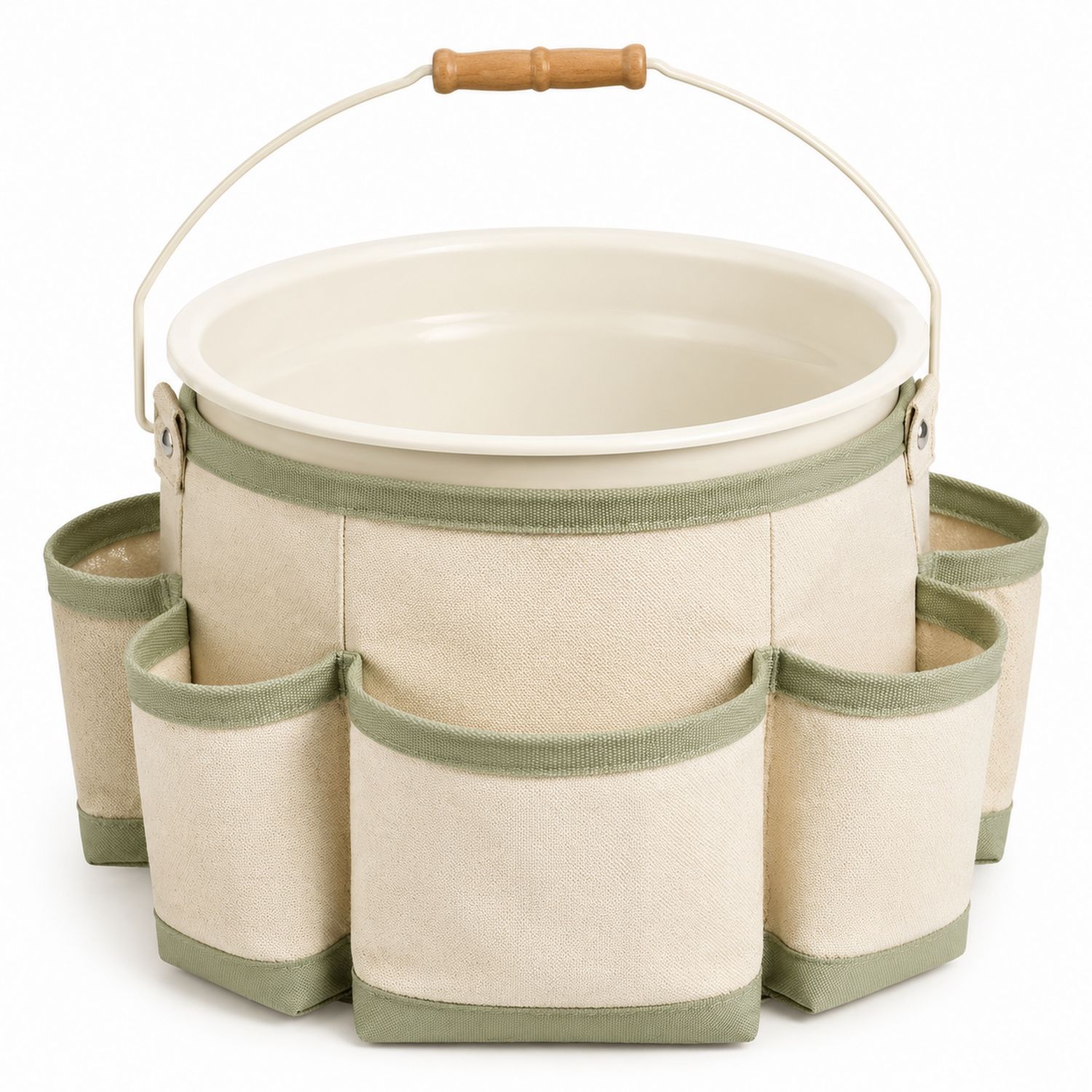 Beige/Grüner Garteneimer mit Taschen und Holzgriff 10L