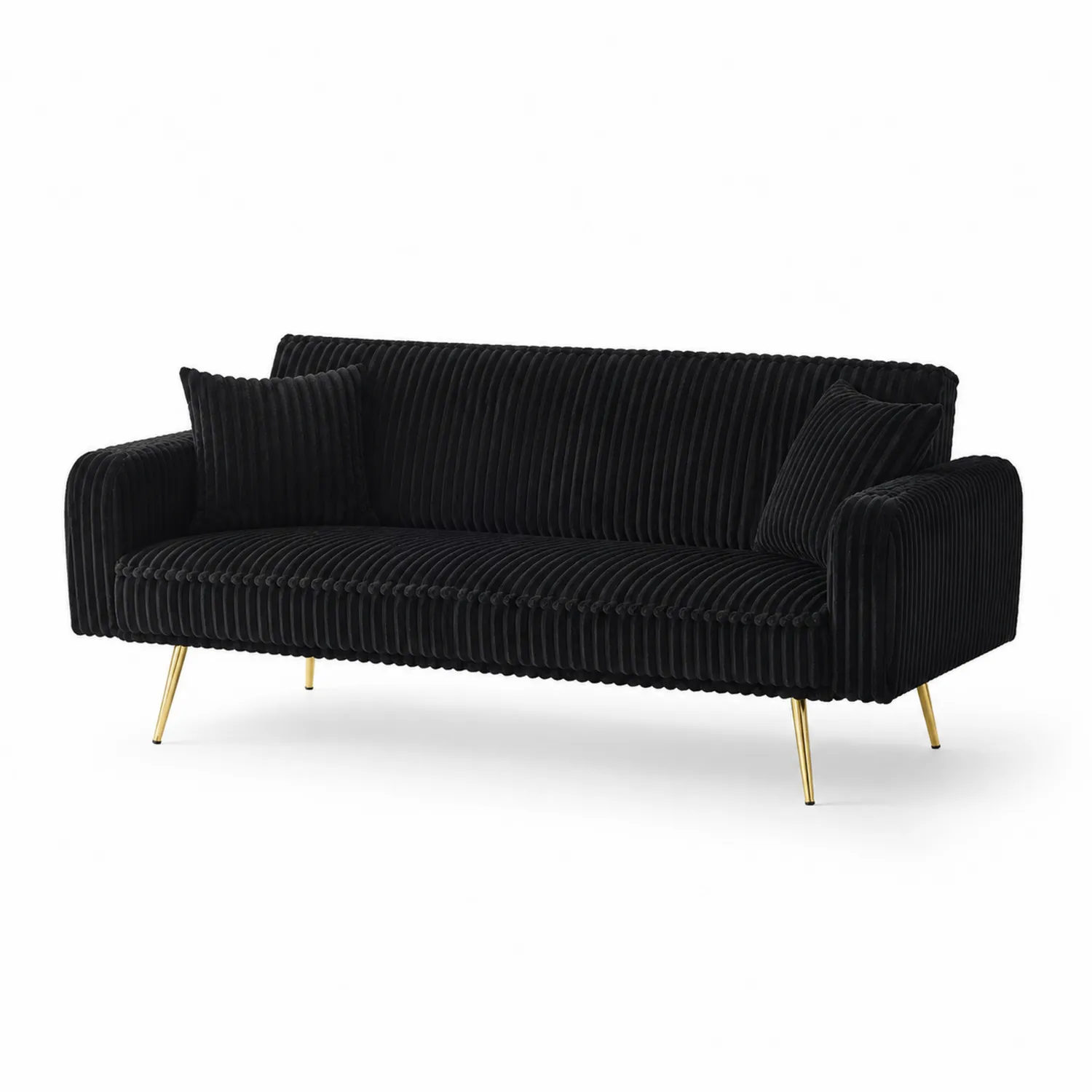 Sofa welwetowa czarna z poduszkami i złotymi nogami