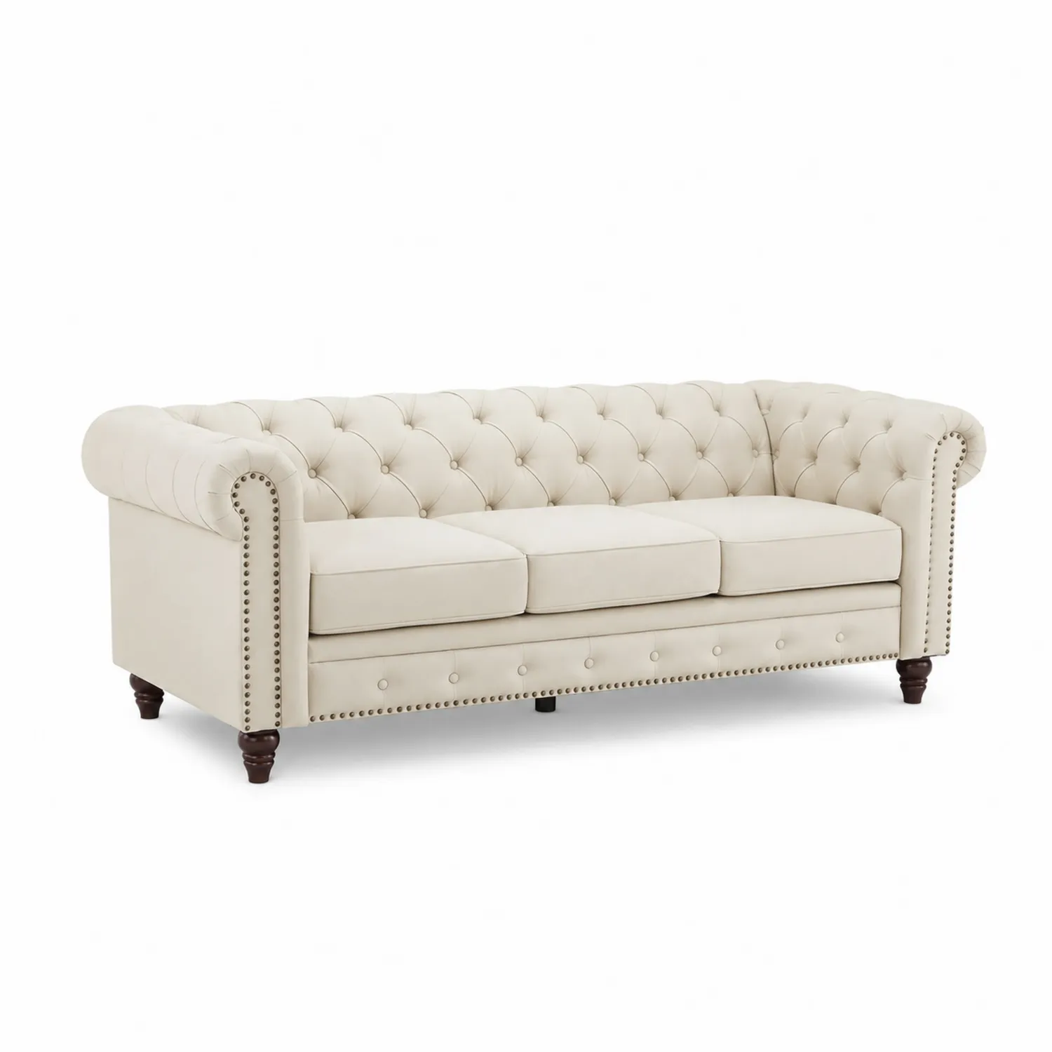 Sofa Chesterfield beżowa tkanina 3-osobowa 220cm