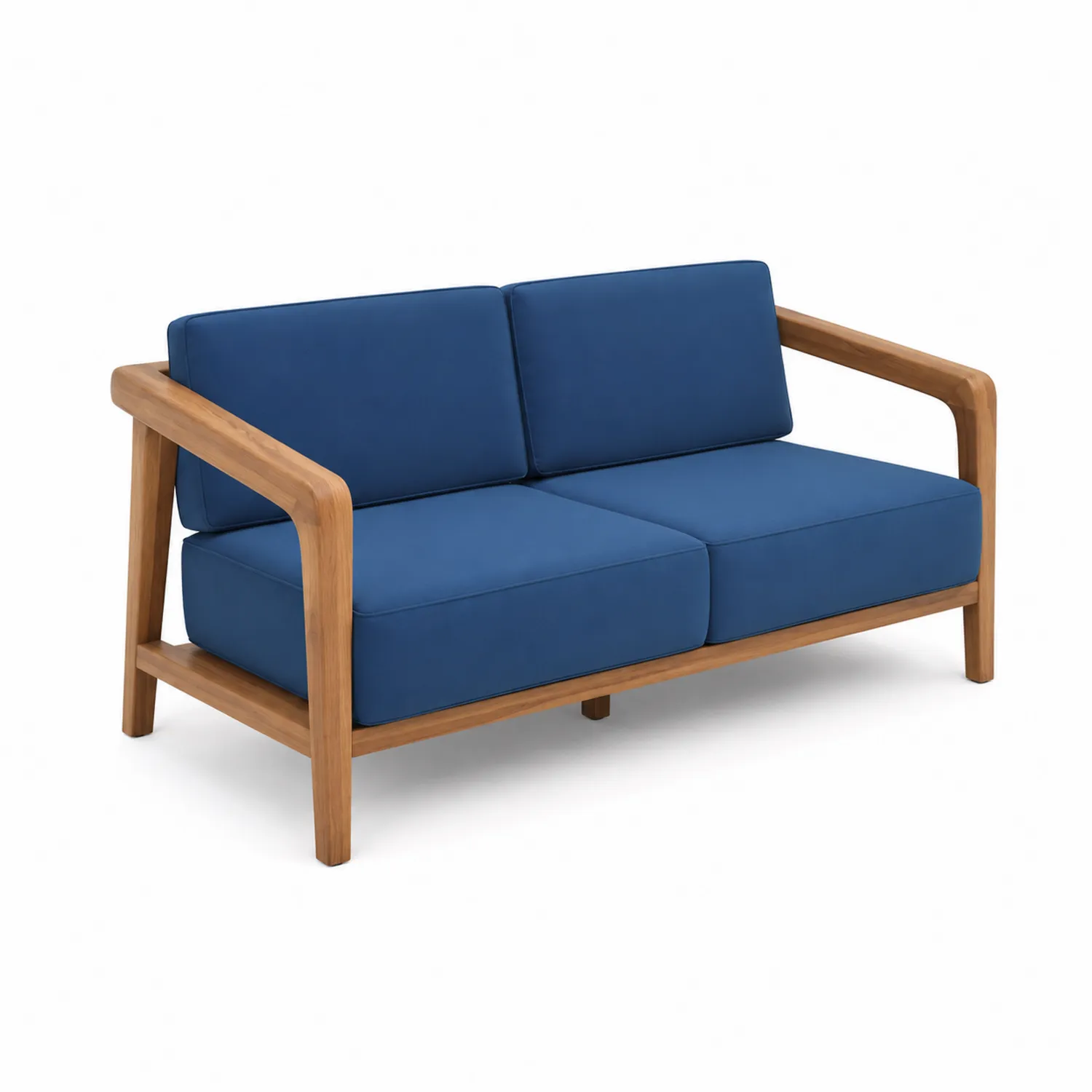 2-osobowa sofa drewniana z niebieskimi poduszkami