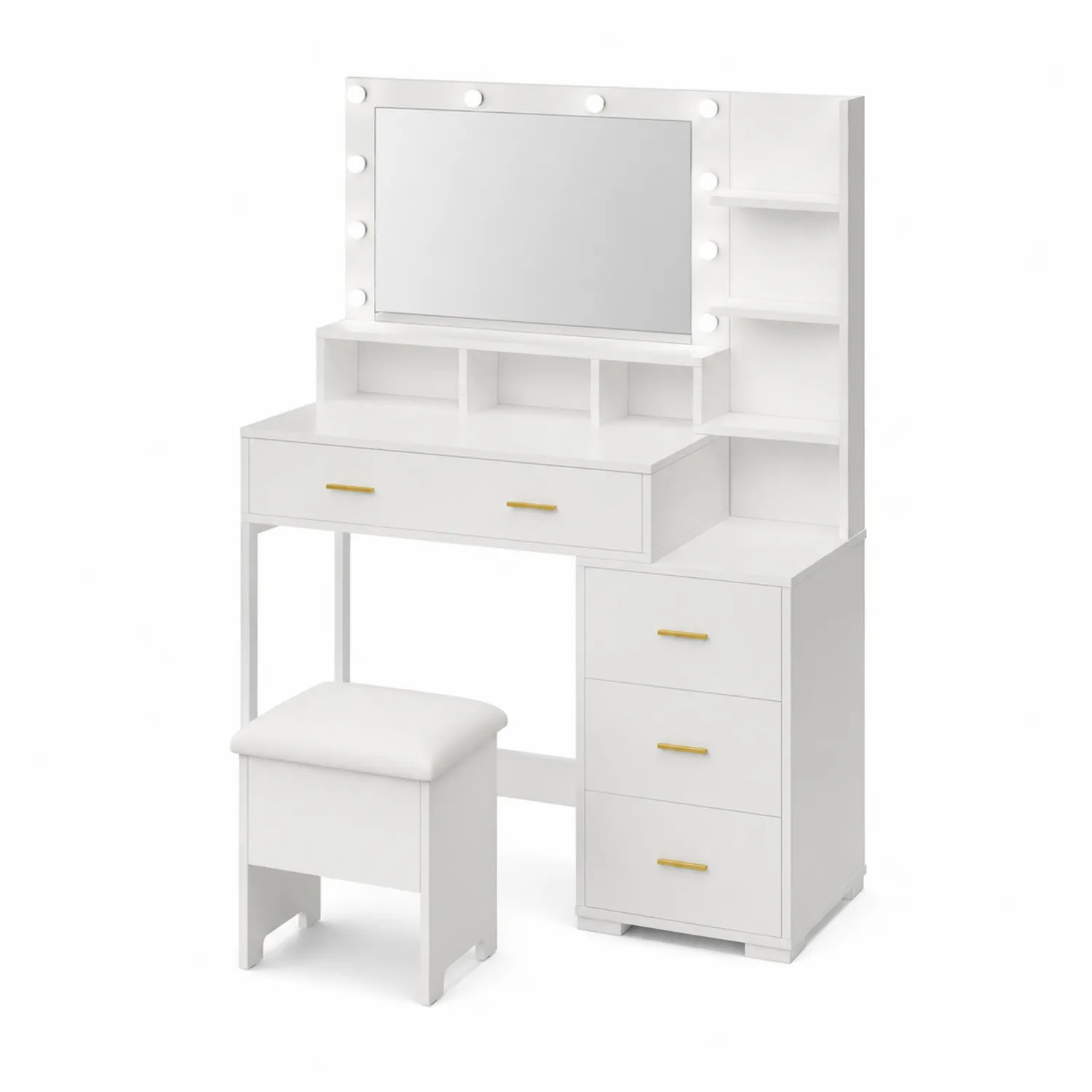 Biała toaletka z lustrem LED i taboretem, MDF, metal, 80x40x140 cm