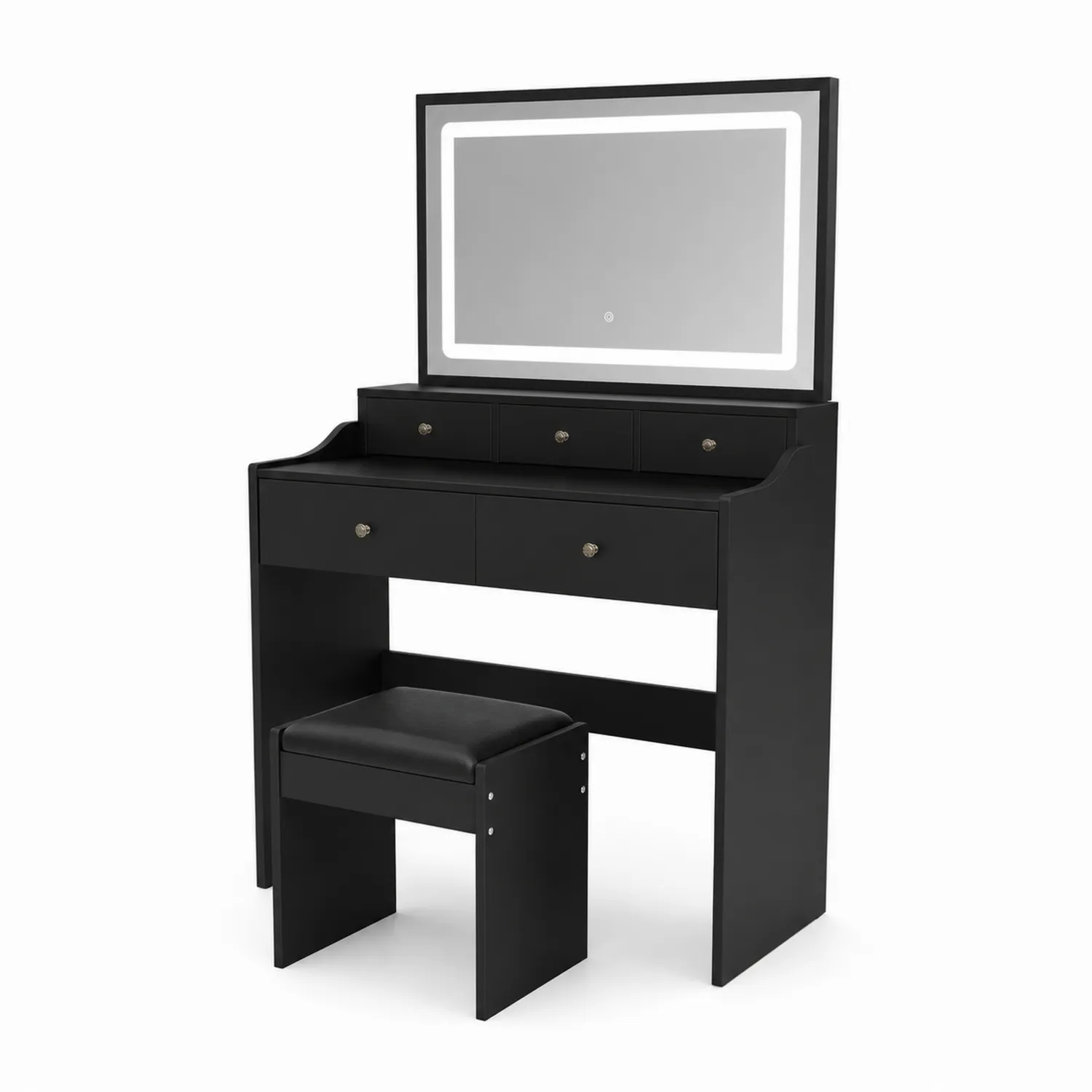 Toaletka z lustrem LED czarna z taboretem z MDF i PU