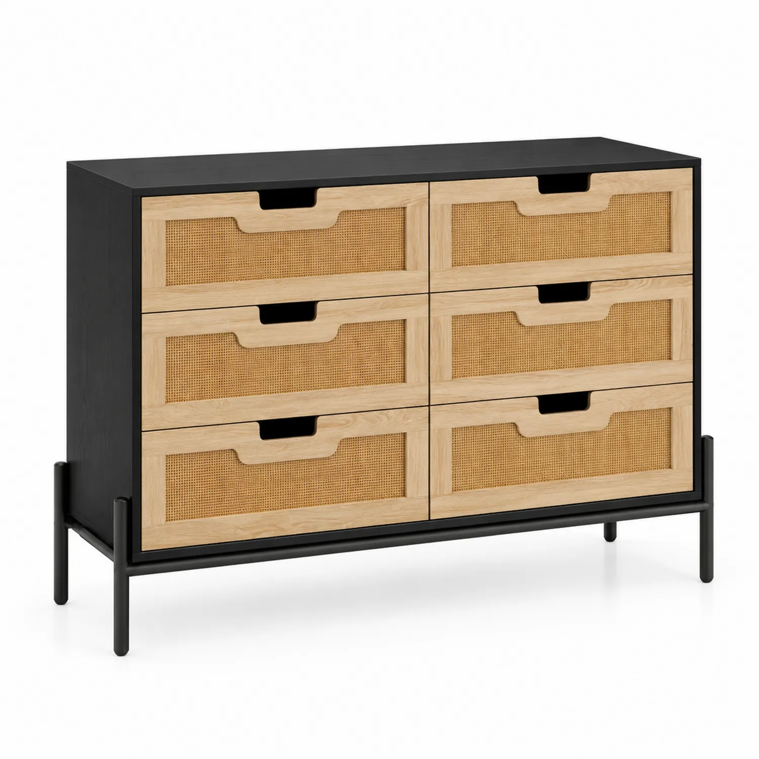 Komoda 6 szuflad czarny MDF i rattan
