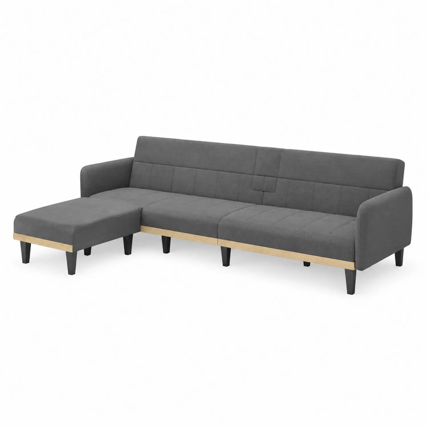 Sofa narożna z podnóżkiem, mikrofibra, szara, drewniana rama