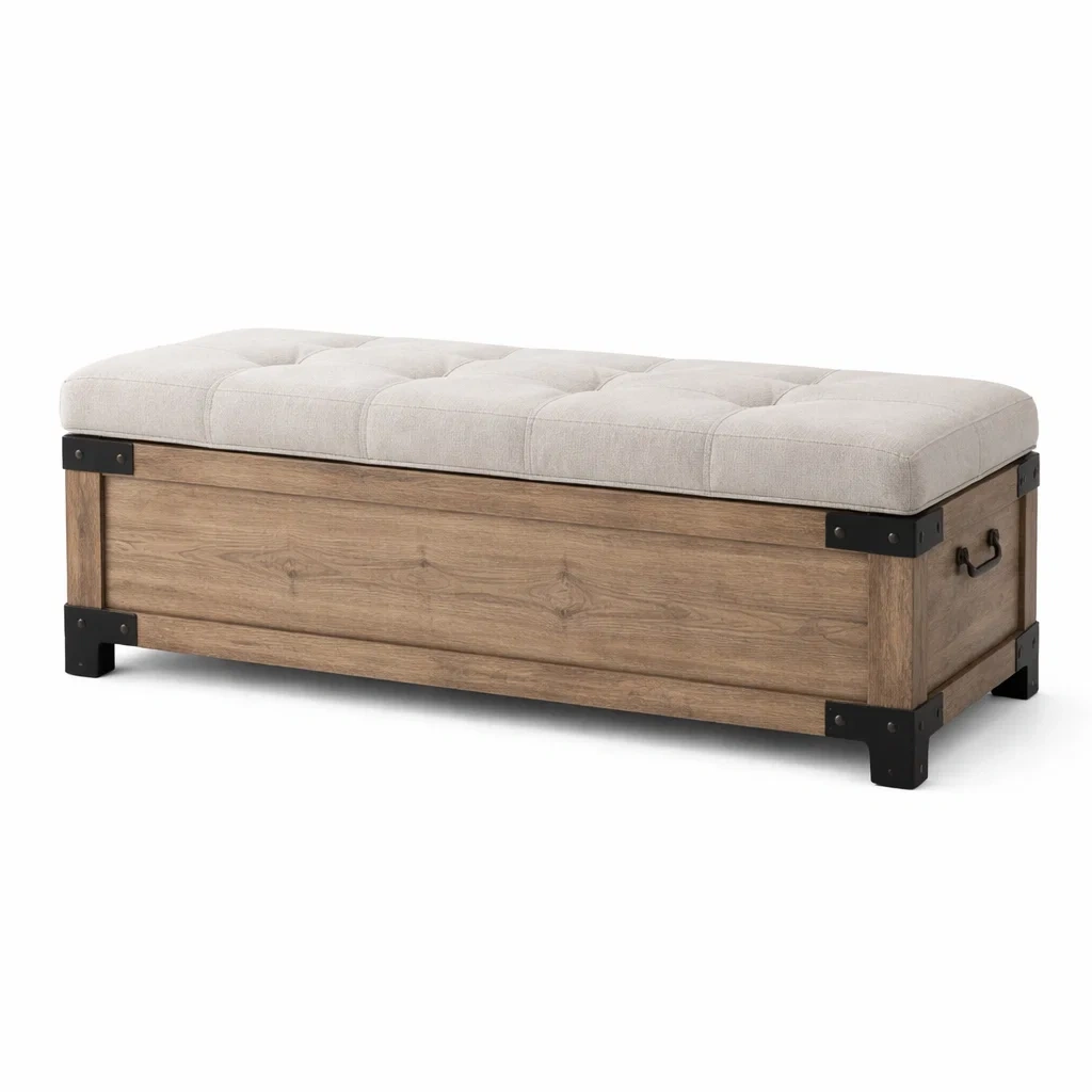 Holz Aufbewahrungsbank mit Leinenpolsterung Beige/Hellbraun 120x40x45 cm-MEUBETRIX