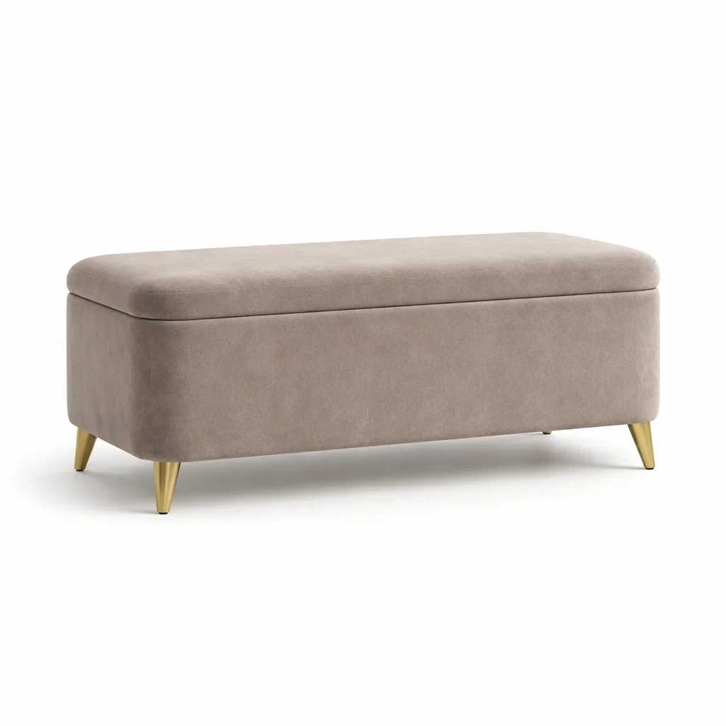 Polsterbank mit Stauraum, Samt, Beige, Goldene Beine-MEUBETRIX