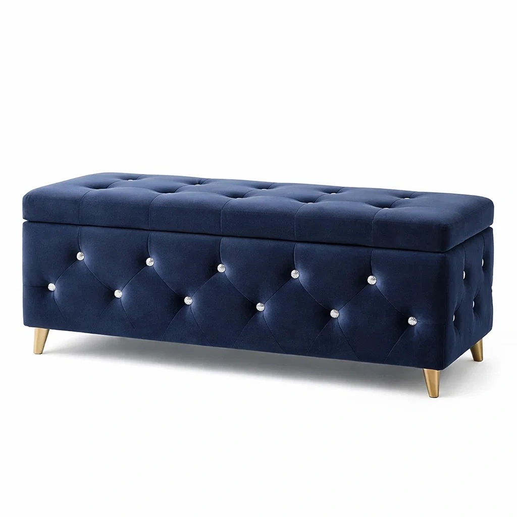 Samt Sitzbank Dunkelblau mit Goldbeinen 120x40x45cm-MEUBETRIX