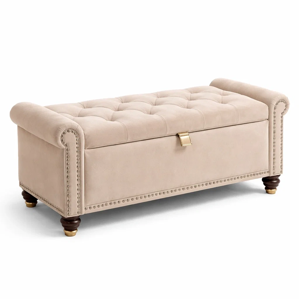 Beige Ottomane aus Mikrofaser mit Stauraum 120 cm-MEUBETRIX