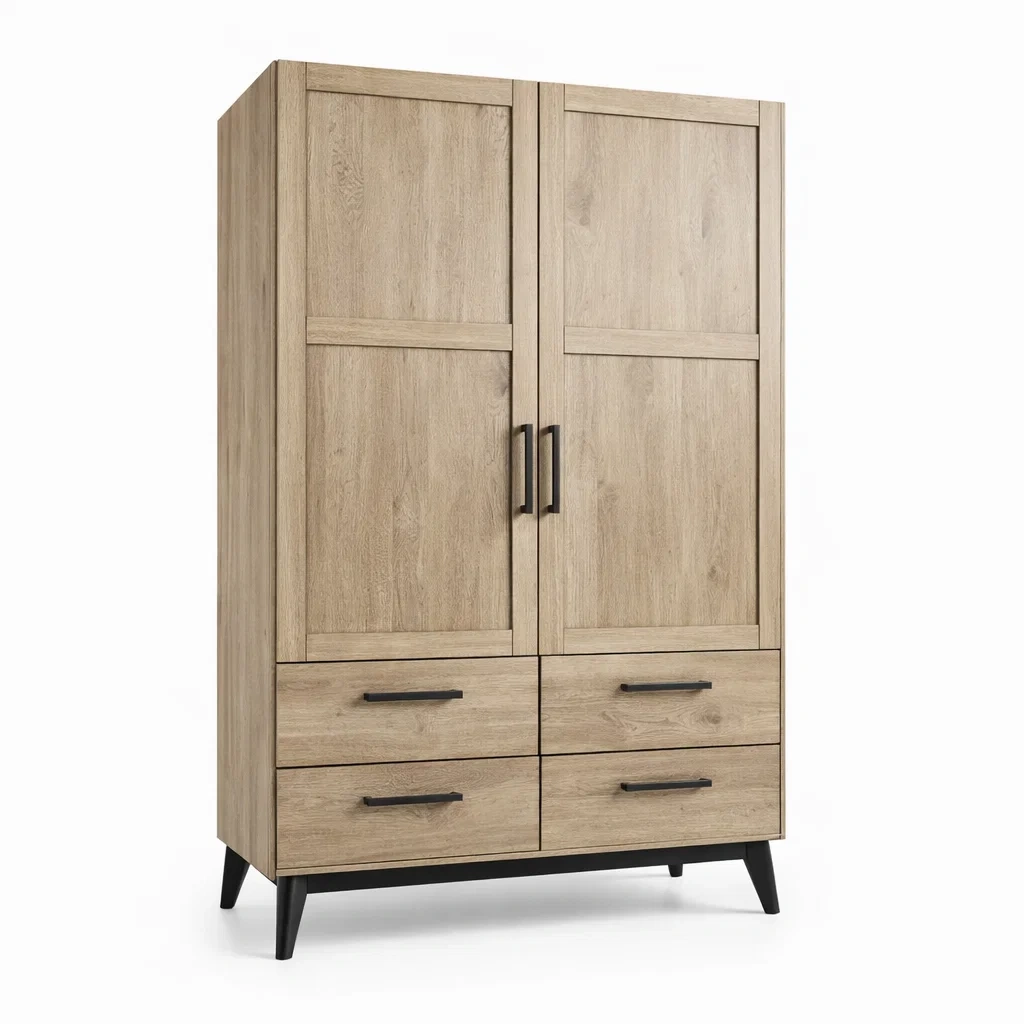 Kleiderschrank aus Holz mit zwei Türen und vier Schubladen Eiche/Schwarz-MEUBETRIX
