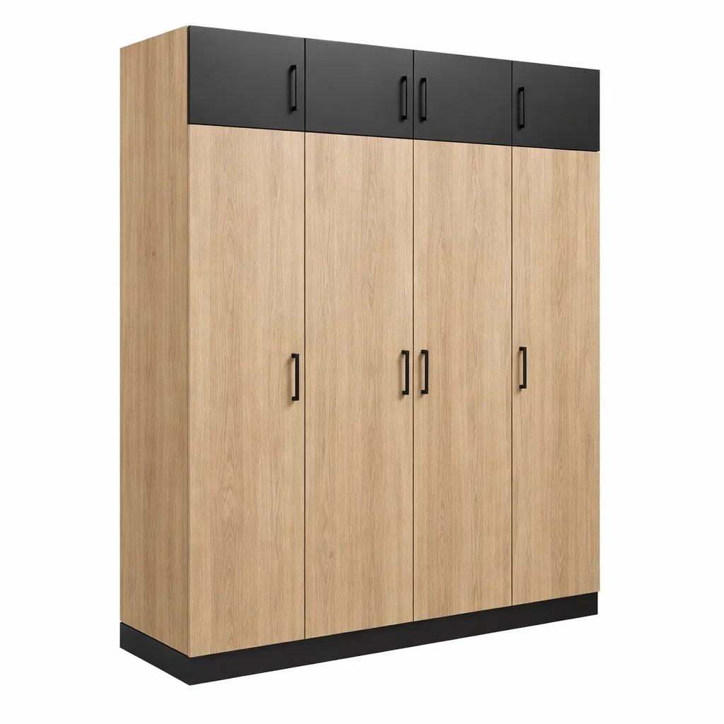 Kleiderschrank mit 5 Türen aus Spanplatte in Schwarz und Holzoptik 200x60x240 cm-MEUBETRIX