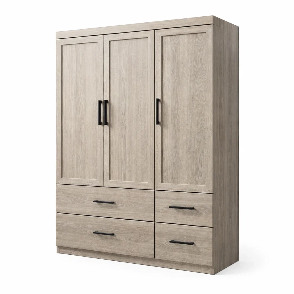 Kleiderschrank mit 3 Türen und 4 Schubladen aus MDF in Eichenholzoptik Beige 150x60x200 cm-MEUBETRIX