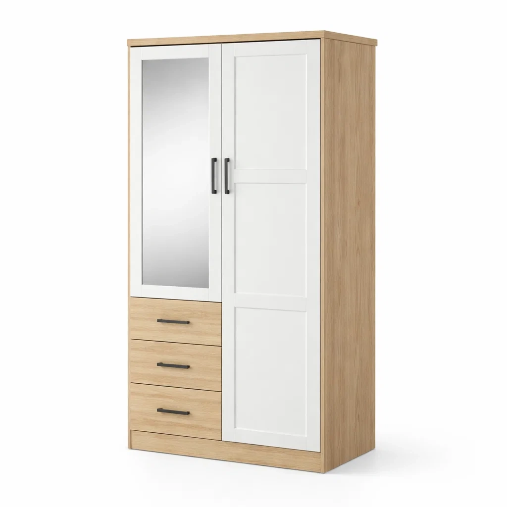 Kleiderschrank mit Spiegel Holzwerkstoff Weiß/Eiche 90x60x190 cm-MEUBETRIX