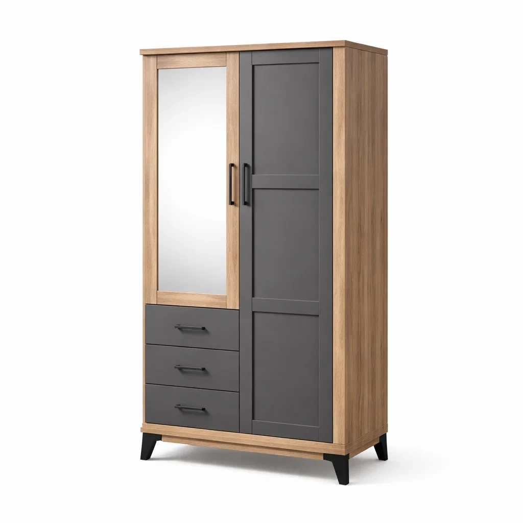 Kleiderschrank mit Spiegel und Schubladen aus Eichenholz und MDF Grau 200cm-MEUBETRIX