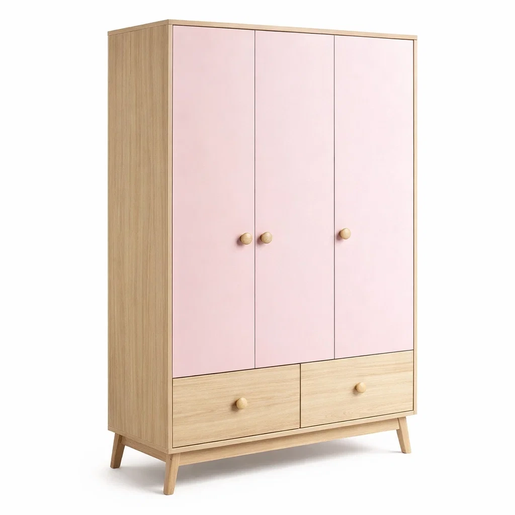 Kleiderschrank 3-türig Holz Rosa mit Schubladen 180cm x 100cm x 50cm-MEUBETRIX