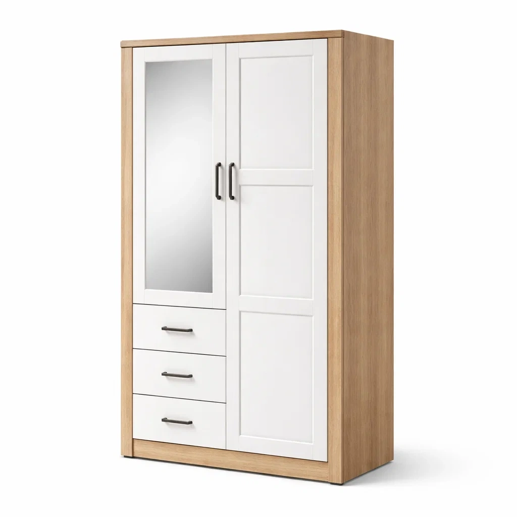 Kleiderschrank Holz mit Spiegel und Schubladen Eiche/Weiß 180x100x50 cm-MEUBETRIX
