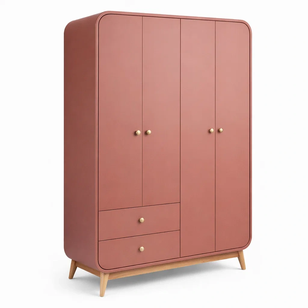 Kleiderschrank Holz Rot mit 3 Türen und 2 Schubladen 180cm-MEUBETRIX