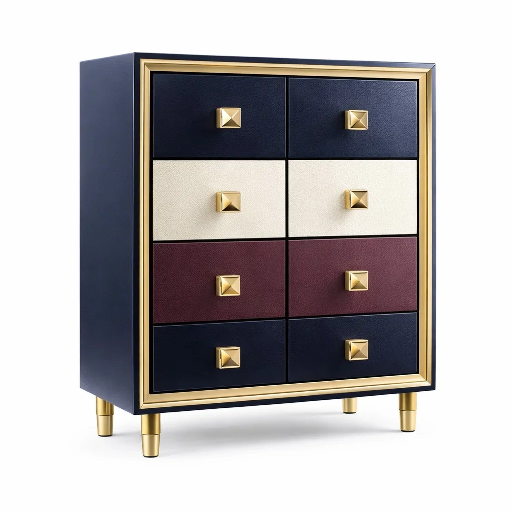 Kommode mit 8 Schubladen aus MDF und PU Leder in Blau/Beige/Bordeaux-MEUBETRIX