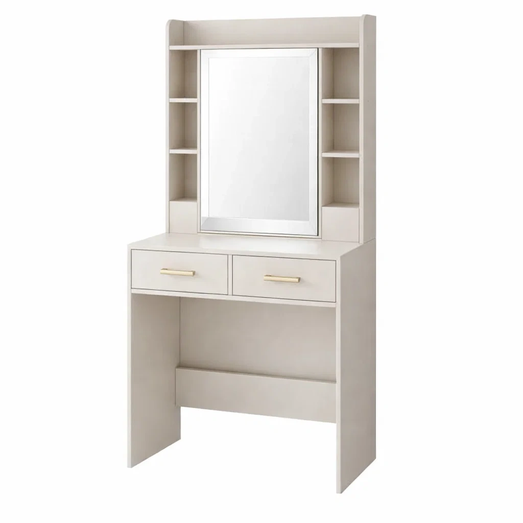 Kosmetiktisch mit Spiegel und Regalen, Beige, MDF mit Melaminbeschichtung-MEUBETRIX