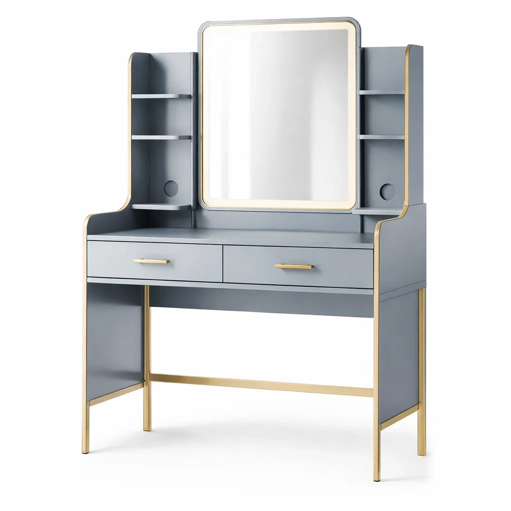 Schminktisch MDF mit Spiegel und Regalen Grau/Gold-MEUBETRIX