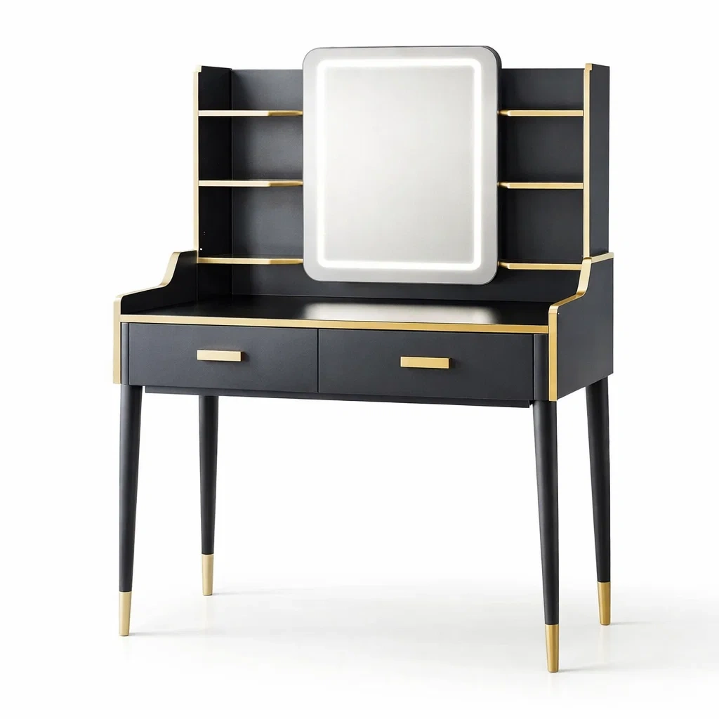 Schminktisch mit Spiegel und LED, Schwarz/Gold, Holzwerkstoff-MEUBETRIX