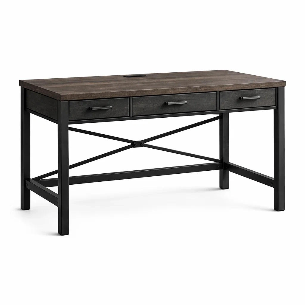 Schreibtisch mit Holzfurnier Tischplatte und Metallrahmen Dunkelbraun/Schwarz-MEUBETRIX
