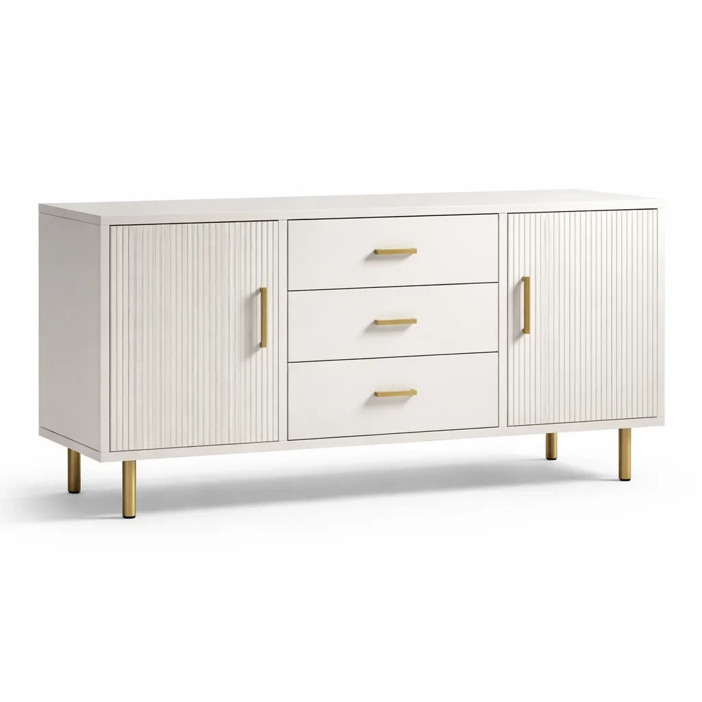 Sideboard Holz Weiß mit 3 Schubladen und 2 Türen-MEUBETRIX
