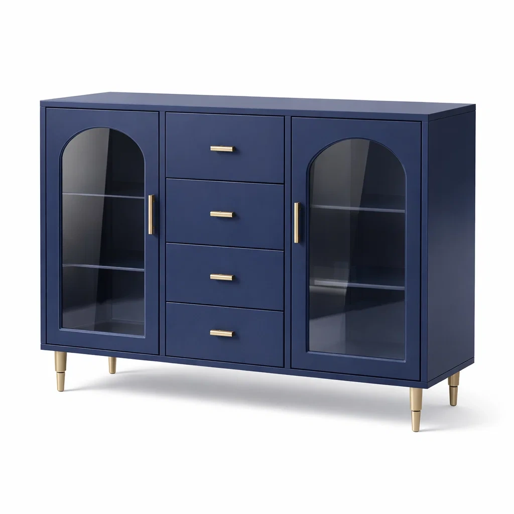 Blaues Holz Sideboard mit 4 Schubladen und 2 Glastüren-MEUBETRIX