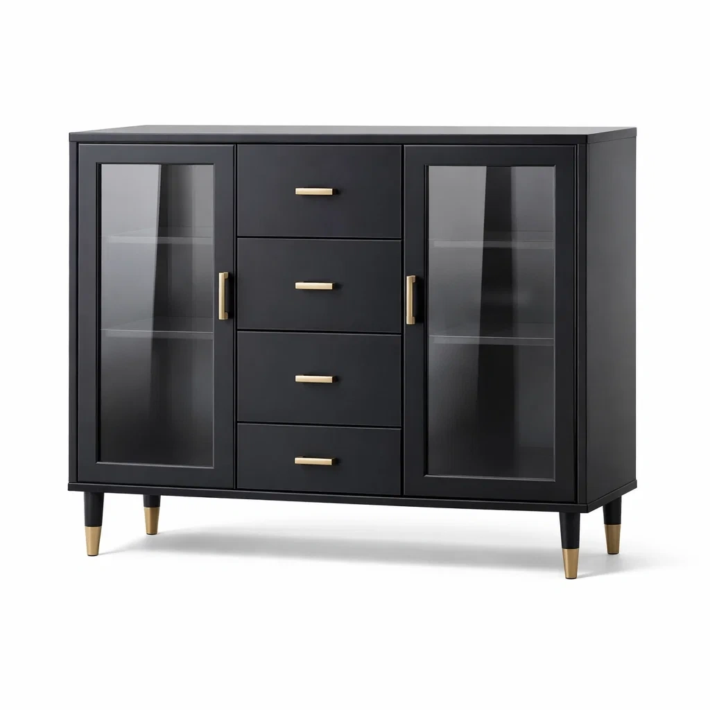 Schwarzes Sideboard aus MDF mit Glastüren-MEUBETRIX