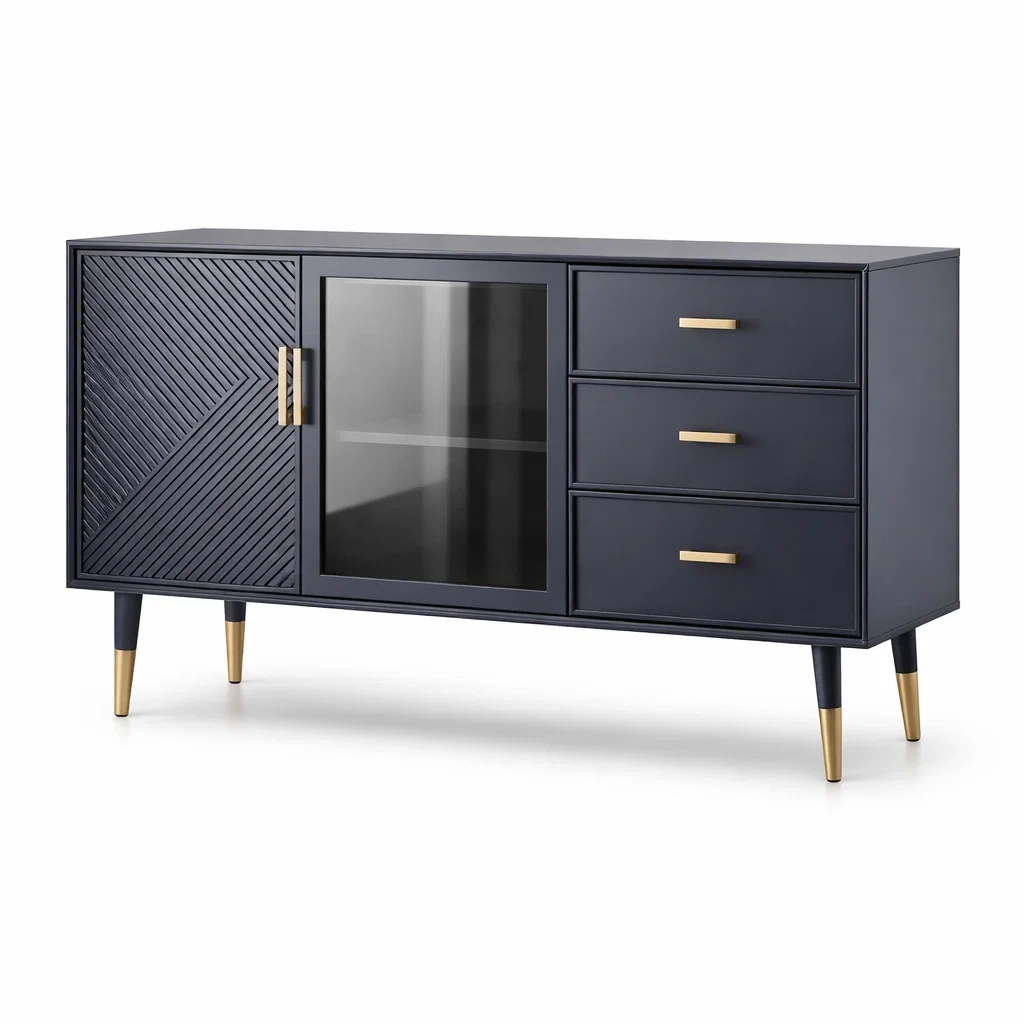Holz Sideboard mit Glastür und Schubladen Blau 150 cm-MEUBETRIX