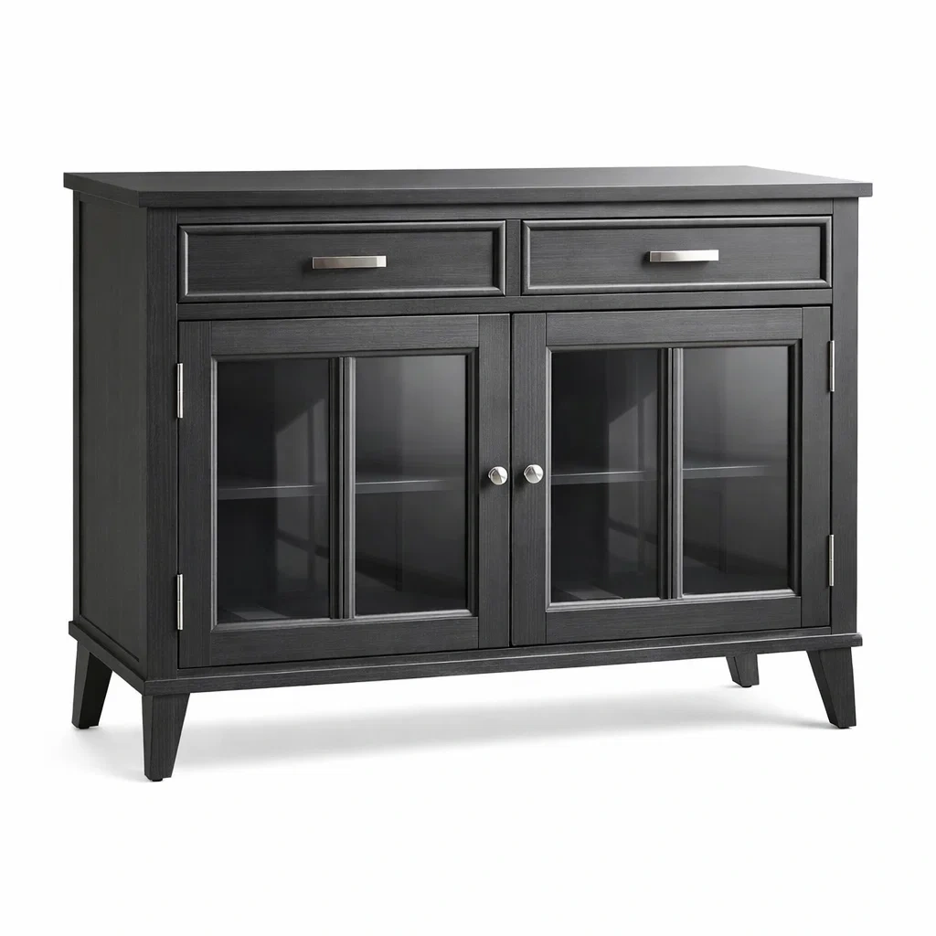 Holz-Sideboard mit gehärteten Glastüren und 2 Schubladen, Schwarz-MEUBETRIX