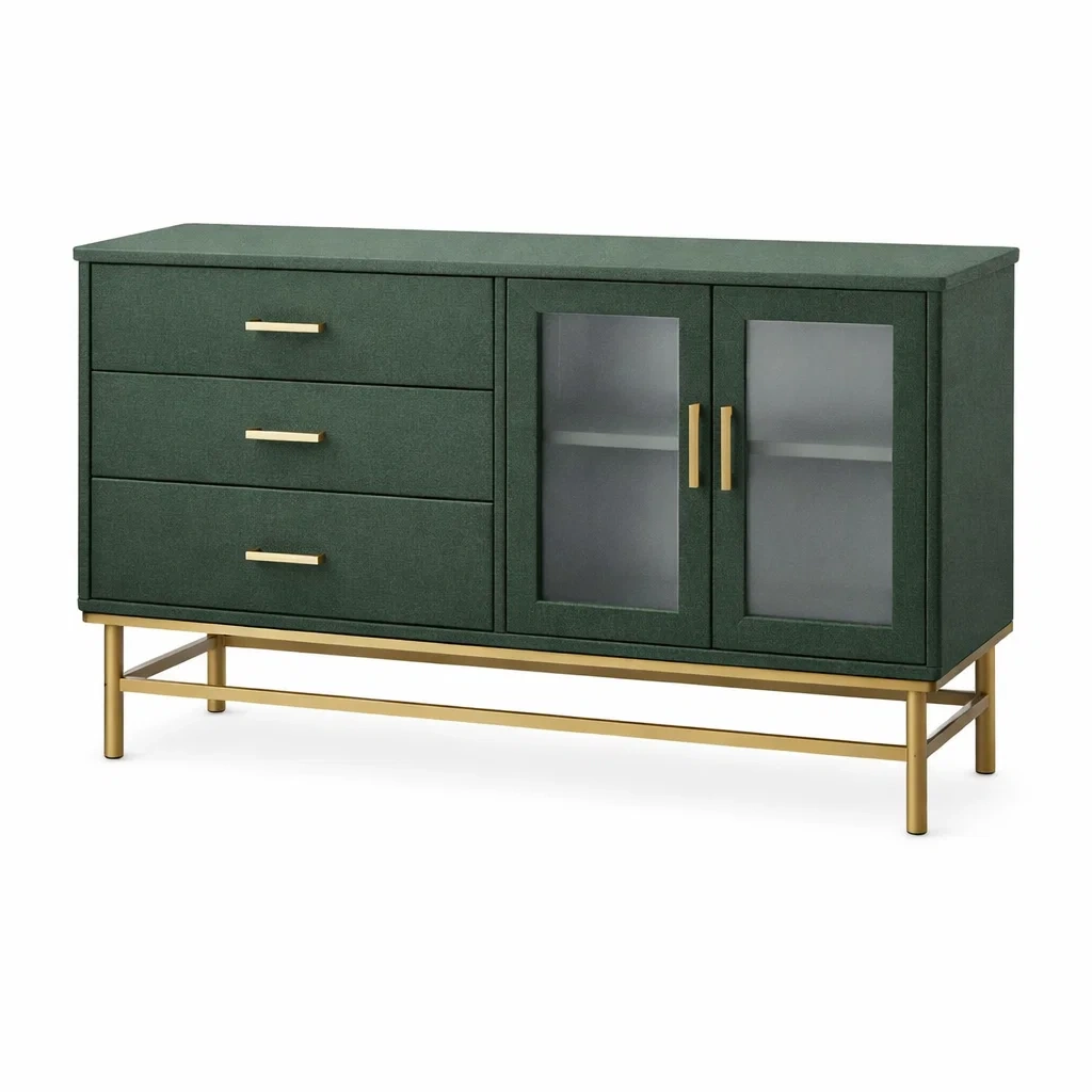 Sideboard mit Glastüren und Metallgestell, Grün-MEUBETRIX