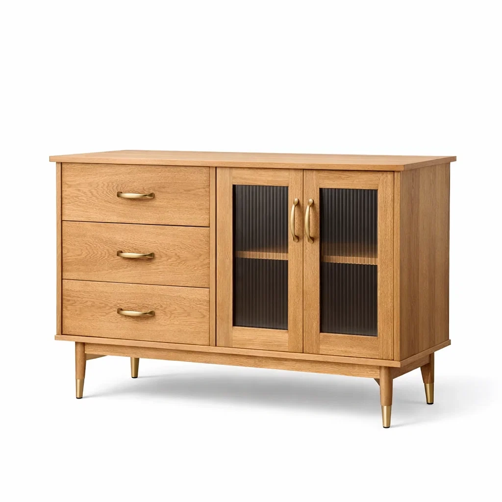 Sideboard aus Eichenholz mit gerippten Glastüren und Schubladen-MEUBETRIX