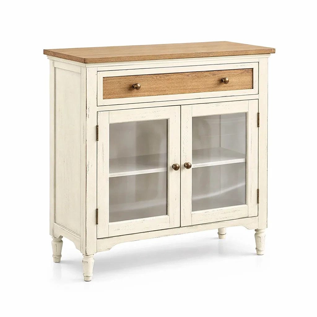Holzkommode mit Schublade und Glastüren aus MDF Weiß/Braun 80x34x90 cm-MEUBETRIX