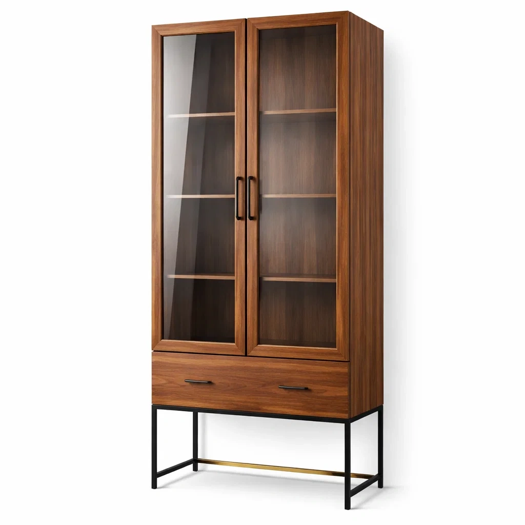Vitrine Holz Glas Metallrahmen Braun 80 x 40 x 180 cm-MEUBETRIX