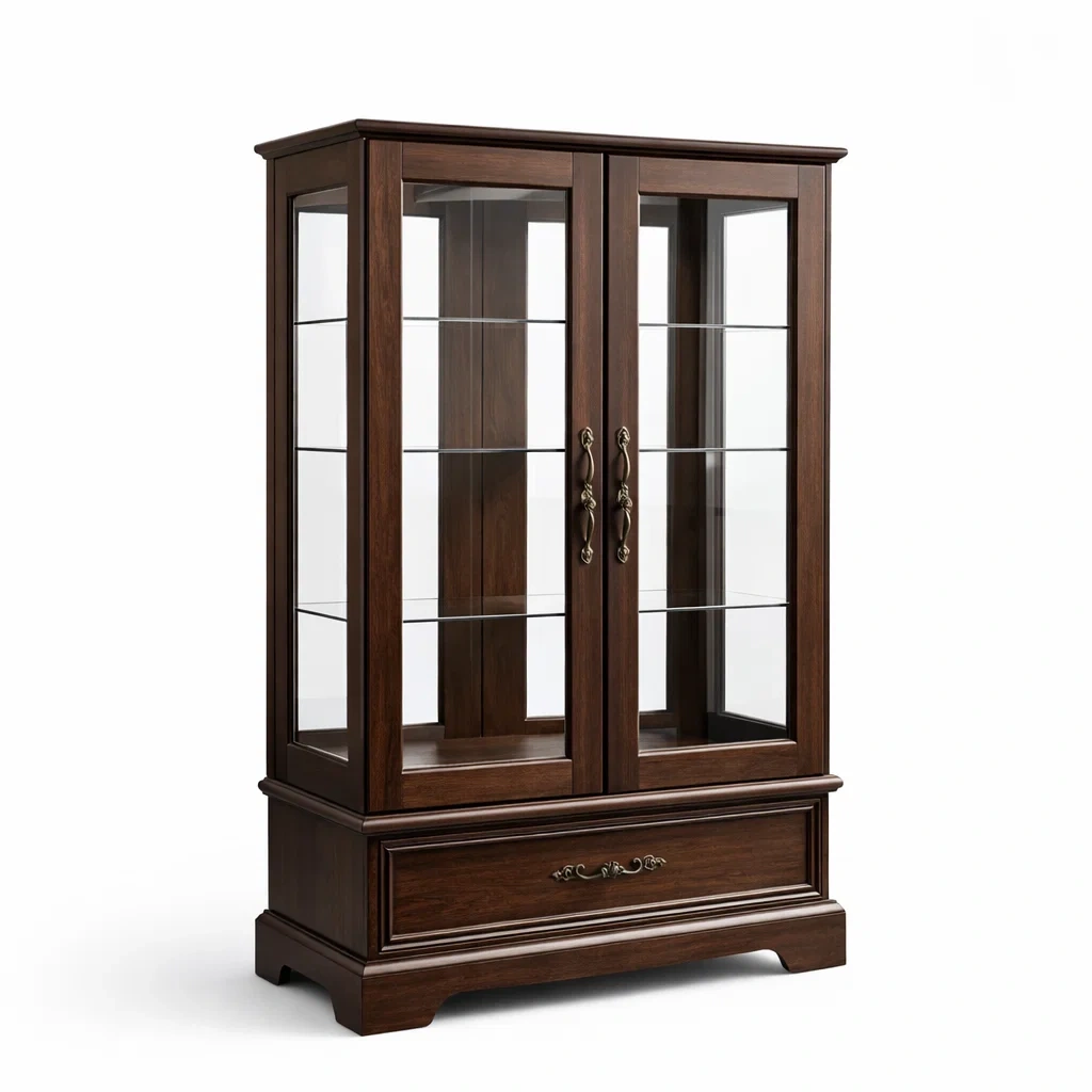 Vitrine Holz mit Glastüren 4 Einlegeböden 1 Schublade Braun 180cm-MEUBETRIX